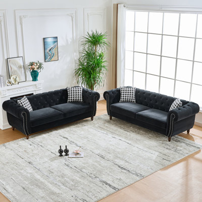 Canapé Chesterfield 3 + 3 places en tissu de velours avec accoudoirs roulés et têtes de clou, canapé rembourré de style Mid-Century, canapé 3 places et 3 places pour le salon, le bureau, un appartement