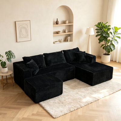 92.4" Boneless Couch, Cloud Couch Sectional, Corduroy Sofa For Living Room, U Shaped Modular Sofa With Chaise, No Assembly Right Blk.with 1 Ottomans