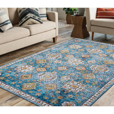 Lyanne Washable Non-Slip Blue Area Rug
