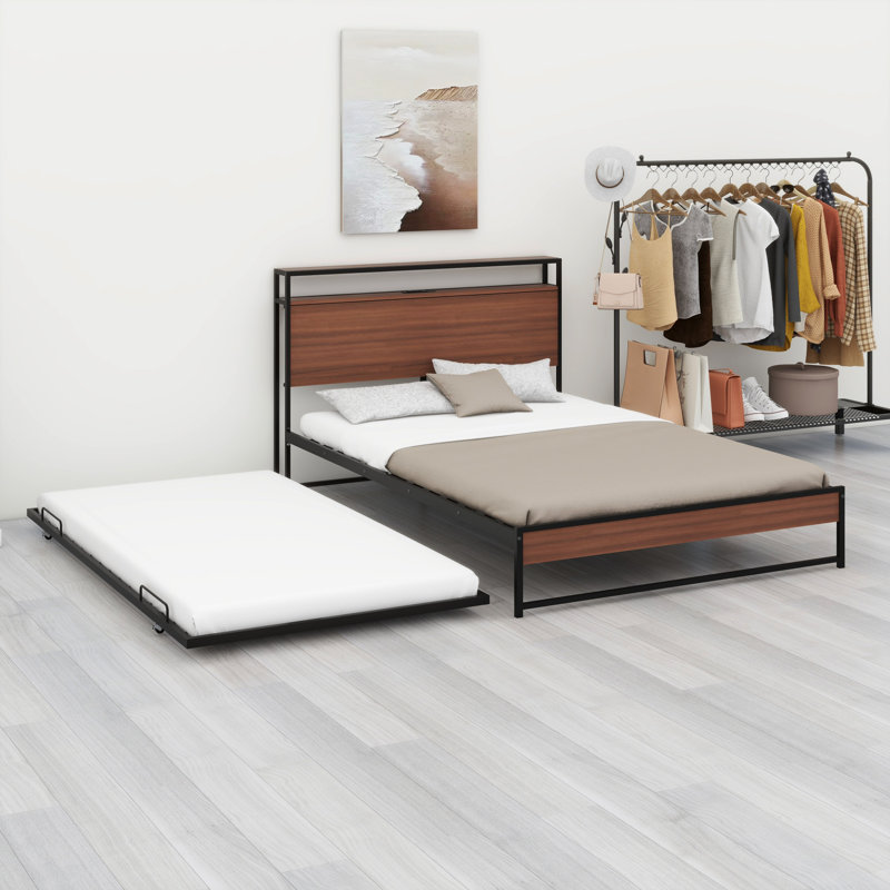Base de lit plateforme en métal avec couchette, ports USB et support à lattes, Noir