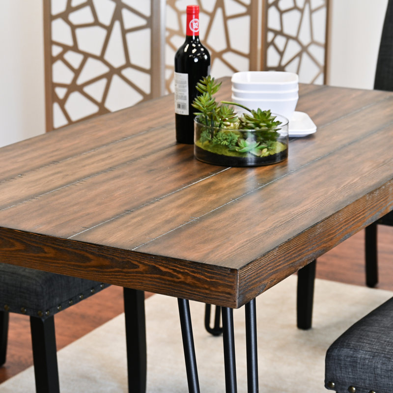 7 Dining , Hairpin Design Table With 6 Chairs, Dark Pine Tabletop Finish, Rectangular For 6, Metal Base Structure Stable