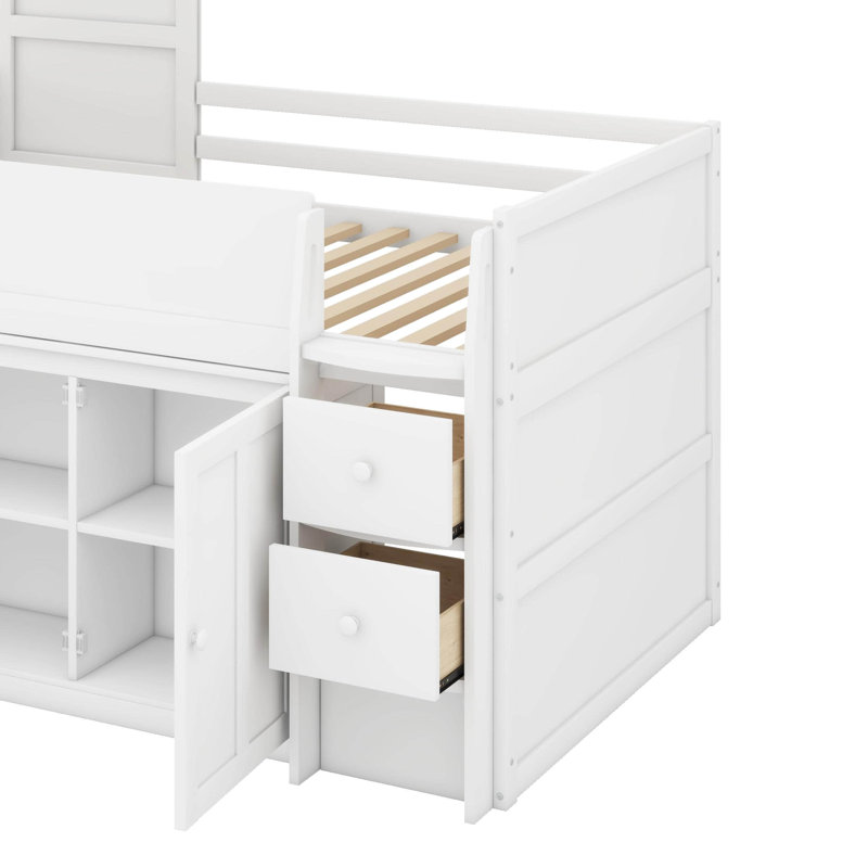 Lit mezzanine en bois avec bureau, tiroirs, lit mezzanine avec armoires, Blanc