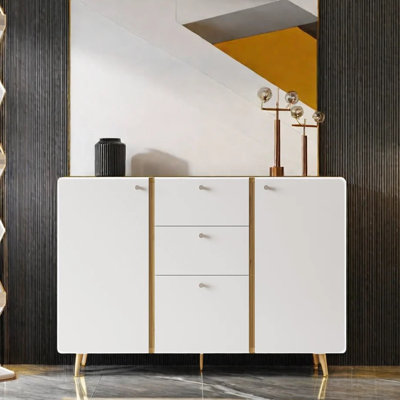 Sideboard Buffet Storage Cabinet With 3 Drawers & 2 Doors. 46.74" White For Dining Room, Kitchen. Adjustable Shelves, Materials. Stores Cutlery, Media Accessories. 81.35 Lb Weight. Fluted Design