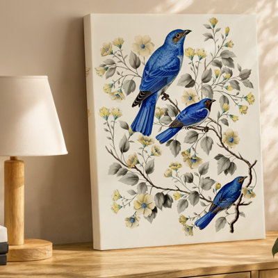 Toile, une illustration détaillée mettant en vedette des oiseaux bleus vibrants perchés parmi des branches délicates ornées de douces fleurs jaunes