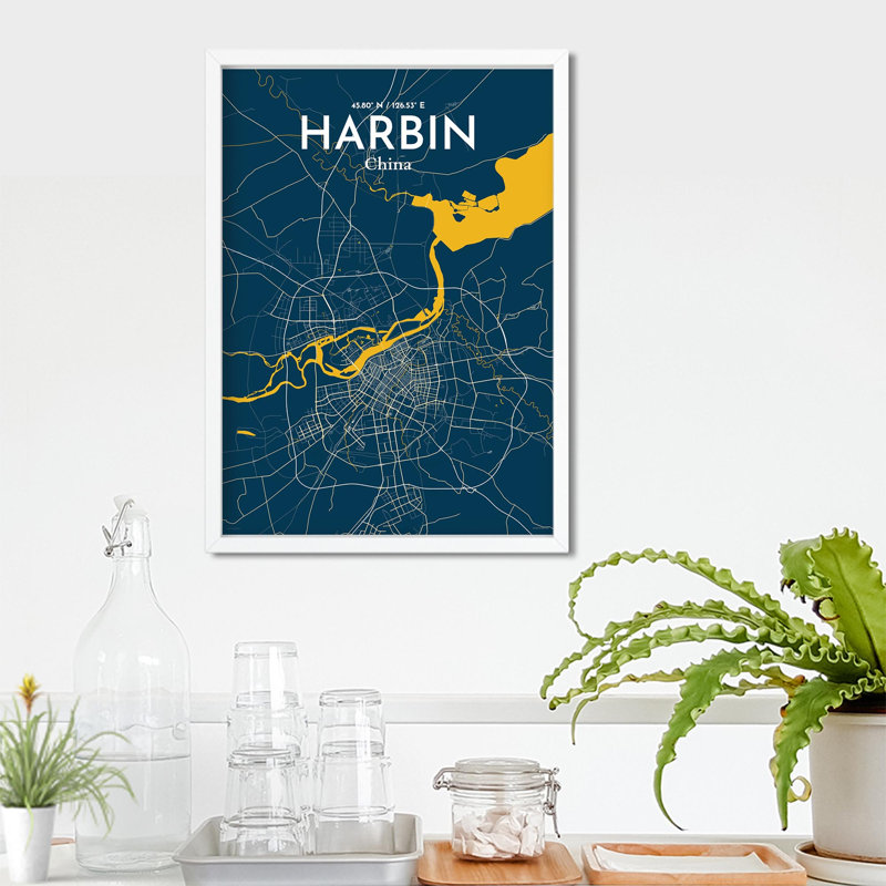«Harbin City Map», impression, H 27,6 po x l 19,7 po, Bleu / Jaune