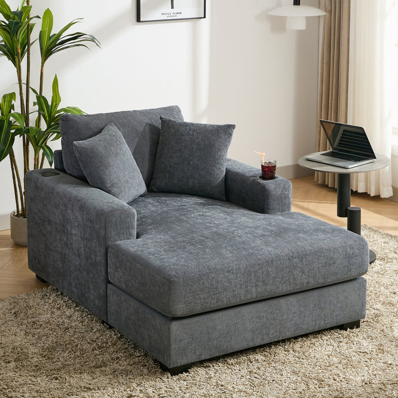 Canapé surdimensionné de 43,5 po de style moderne avec méridienne, avec coussins, station de charge et porte-gobelets, tissu chenille