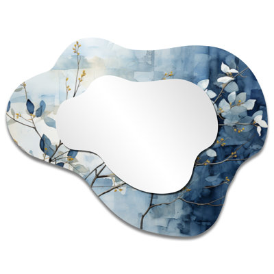 Boho Irregular Metal Wall Mirror – Blue and Grey Leaves on Branch II, Metal Print
