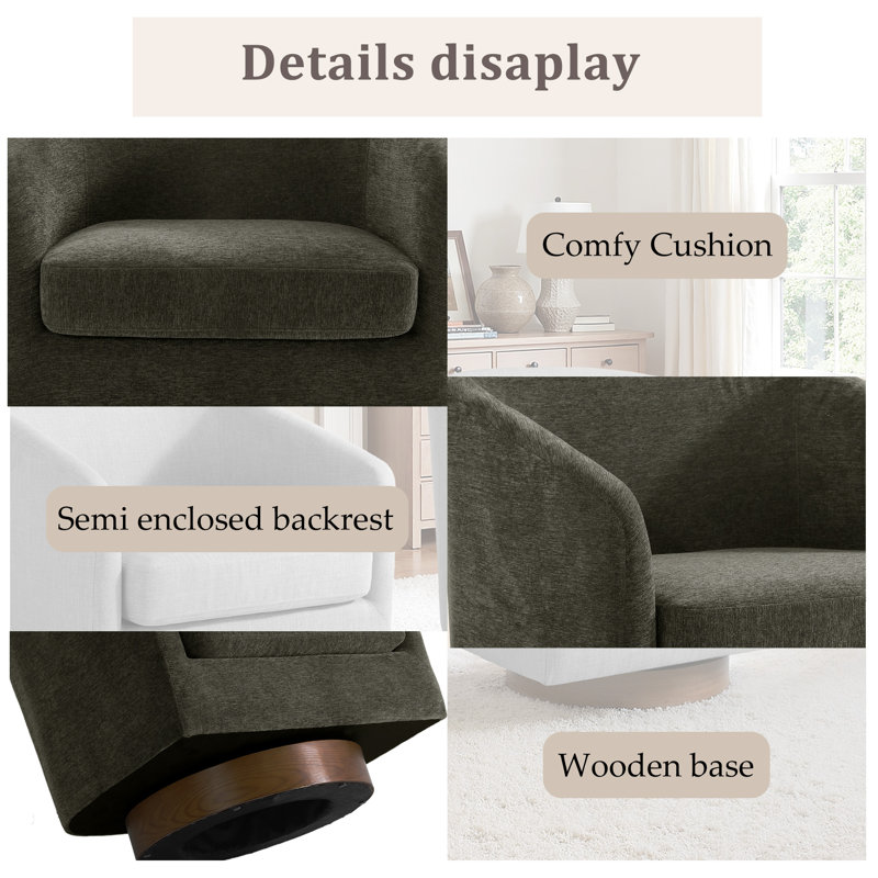 Fauteuil demi-tonneau pivotant en chenille brun clair avec base en bois massif Applewold, Chenille brun clair