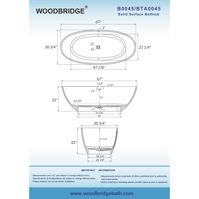67" Matte White Acrylic Freestanding Oval Bathtub