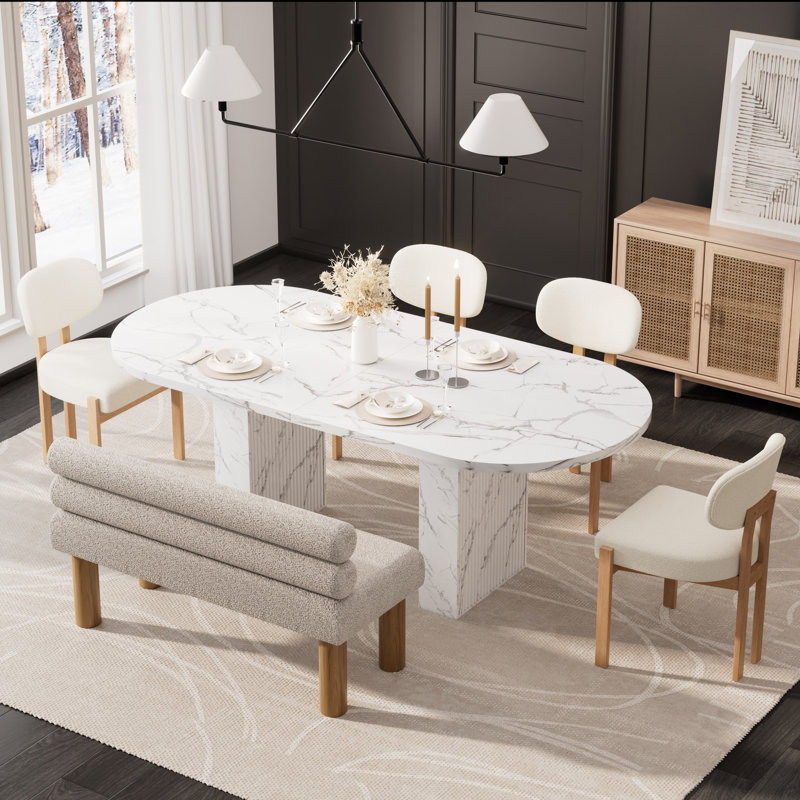 Ensemble de table de salle à manger Lavisha, 6 Pieces: Table, 4 Chairs, Bench, White, Beige