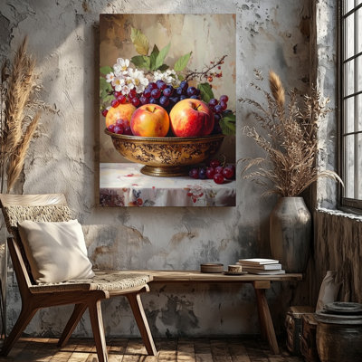 Toile ornée de fruits, nature morte, toile, élégance classique avec raisins, pommes et art mural prêt à accrocher