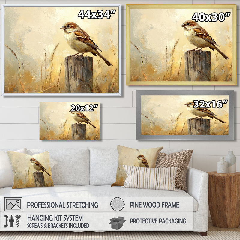 «Old Sparrow Bird On A Fence Post II», art mural sur toile, H 34 po x l 44 po, Cadre flottant, Noir, noir, noir, noir