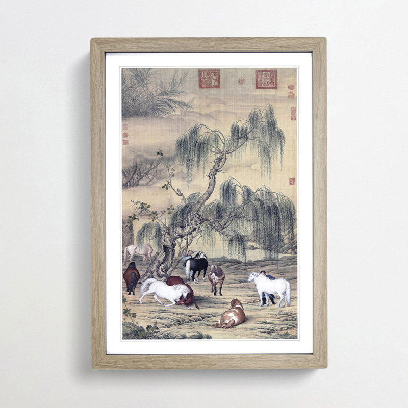 Horses by Lang Shining - Framed Print, 48cm H x 36cm W x 2cm D, Oak Framed