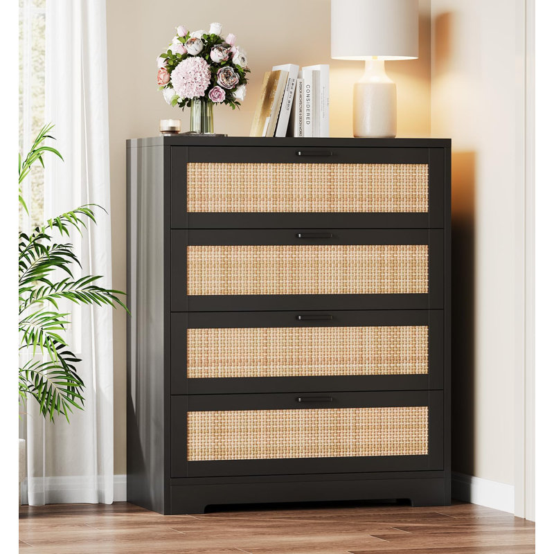 Commode 4 tiroirs, commode haute en rotin, Noir, noir, noir, noir