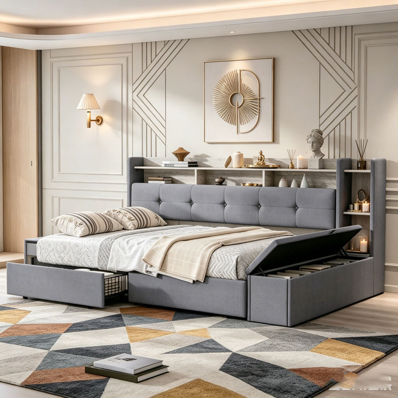 Twin Upholstered Daybed with Storage and USB Charging, Twin, Grey, Drawers;Footboard Storage;Shelves