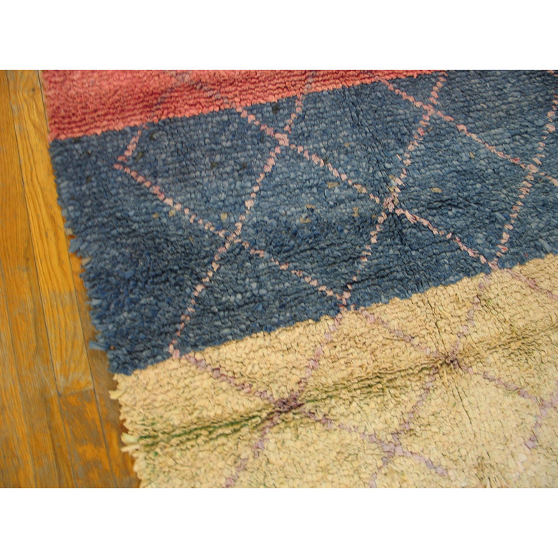 Allover Geometric Hand Knotted Pile Wool 1940s Multicolor Jewel Tones Boucherouitte Antique Rug