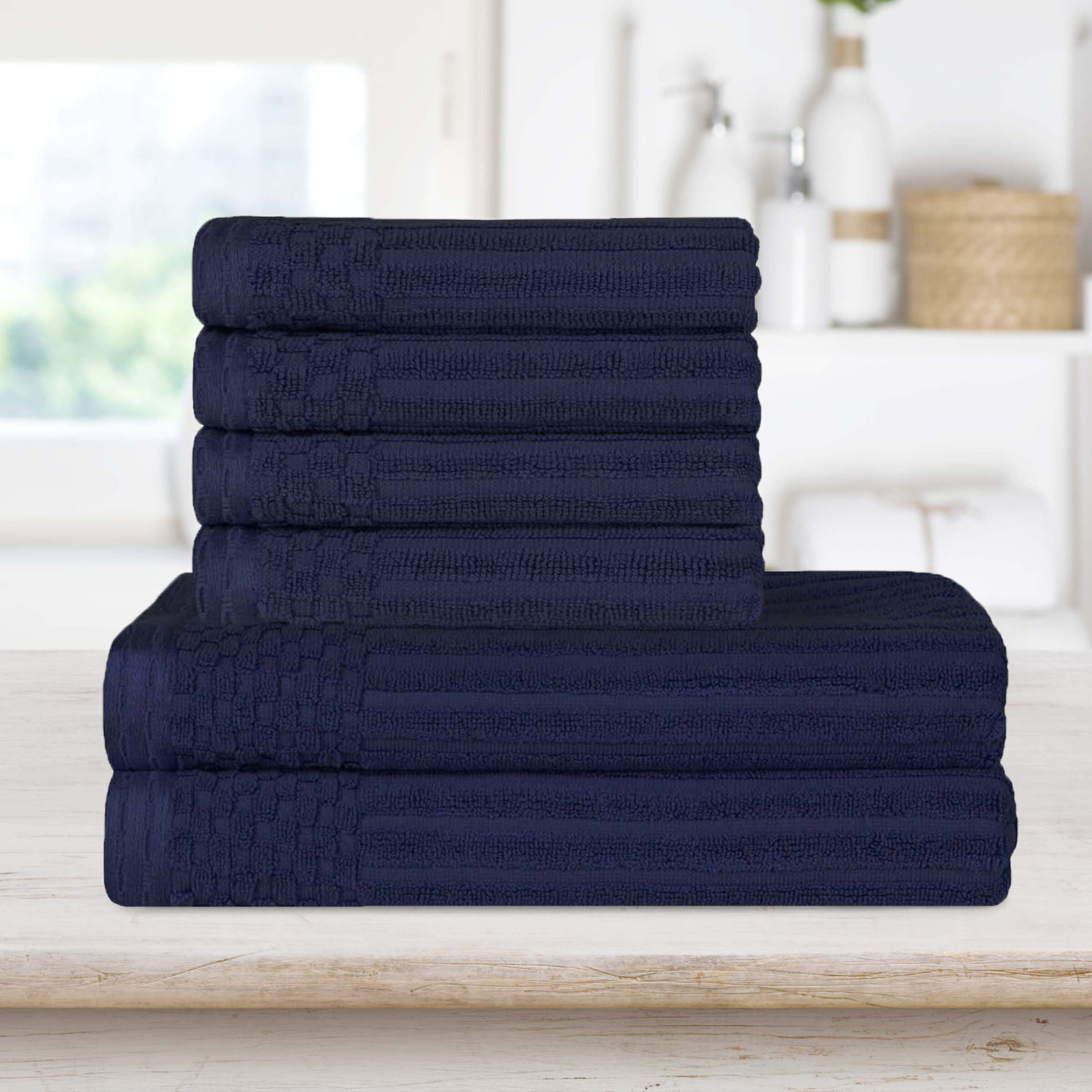 6-Piece Ribbed Cotton Towel Set, Navy Blue