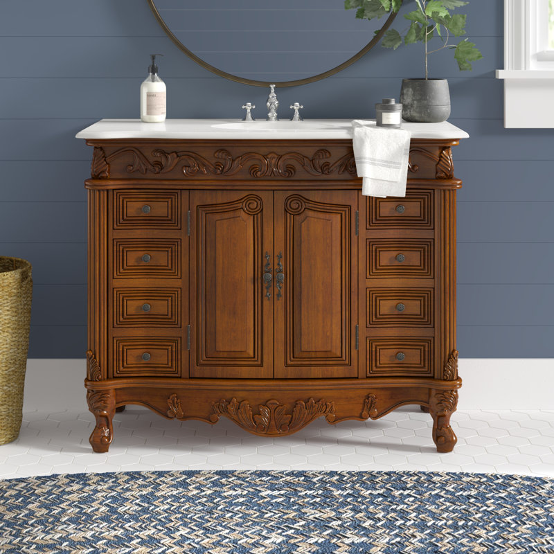 42'' Single Bathroom Vanity with Top, Teak, Cream Marble