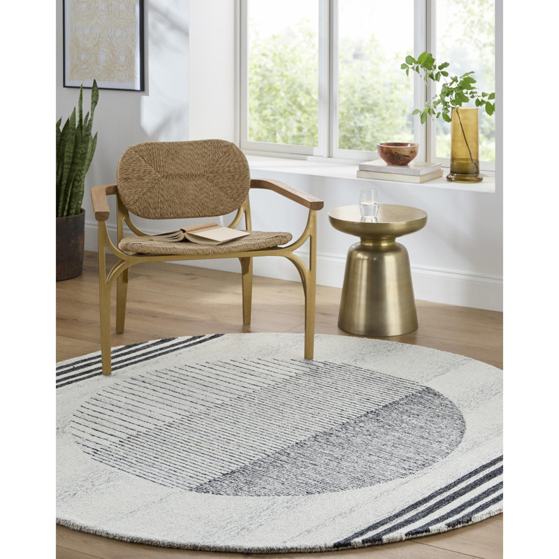 Uptown Geometric Hand Tufted Wool Area Rug in Beige/Black, Round 8'