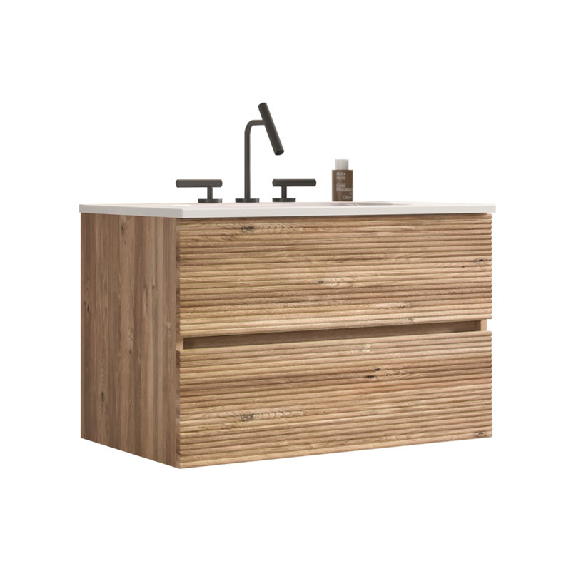 Meuble-lavabo mural 30 po en chêne brut et chêne brut avec lavabo intégré en céramique avec trop-plein, avec 3 trous, grand meuble-lavabo flottant pour salle de bain moderne