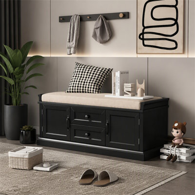 Banc de rangement polyvalent pour entrée avec tiroirs, placards et coussin amovible pour des espaces de vie organisés.