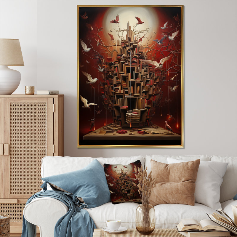 Bibliothèque The Minds, surréalisme sur toile, Cadre flottant doré, H 40 po x l 30 po x P 1,5 po