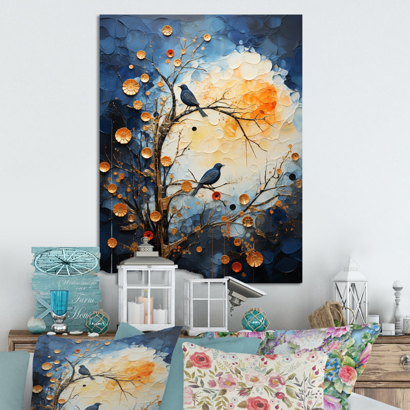 «Springtime Blue Bird Singing Blooms III», art mural oiseau en métal, H 40 po x l 30 po x P 1,5 po