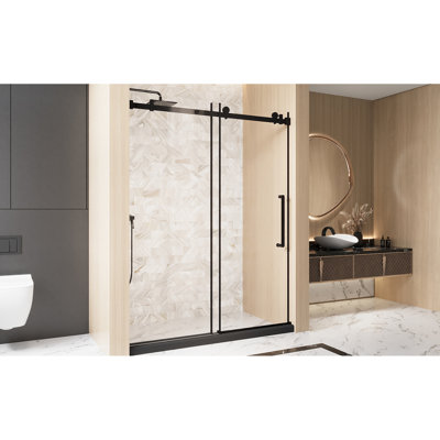 Single Sliding Shower Door In Matte Black, 56 - 60 "w X 76" H, 1/4 "(6 Mm) Clear Tempered Glass With Stainless Steel Handle, Square Tube Track And Film For Bathroom Track, Film, Black
