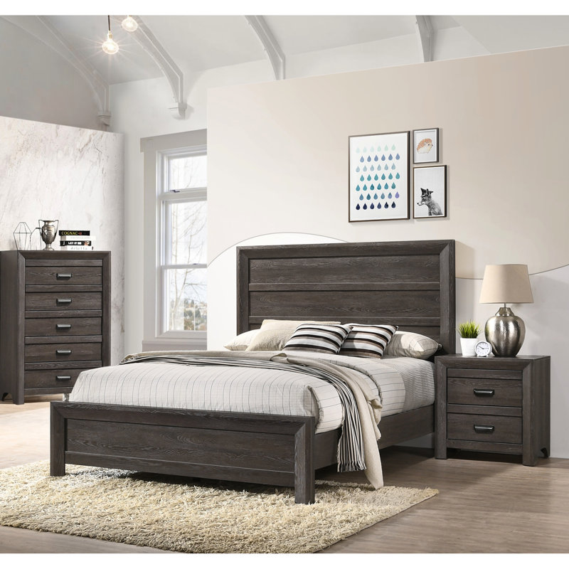 Lit double gris et brun rustique, meubles en bois de style contemporain avec tête de lit, Gris brun, Lit double