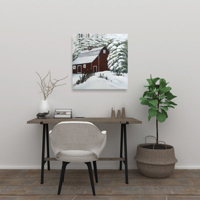 Red Barn in Snow - Arbres, architecture, toile blanche, décoration intérieure