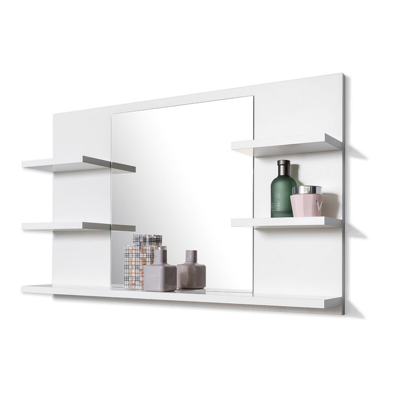 Jakiah Rectangle Wall Mirror with Shelves, White