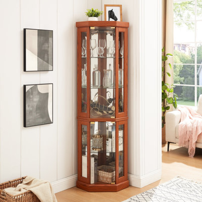 Curio de coin éclairé en chêne foncé, conception à deux sections, étagères réglables, dossier en miroir, armoire de rangement pour cerise ou espace inspiré, portes vitrées exquises, collection idéale et vin