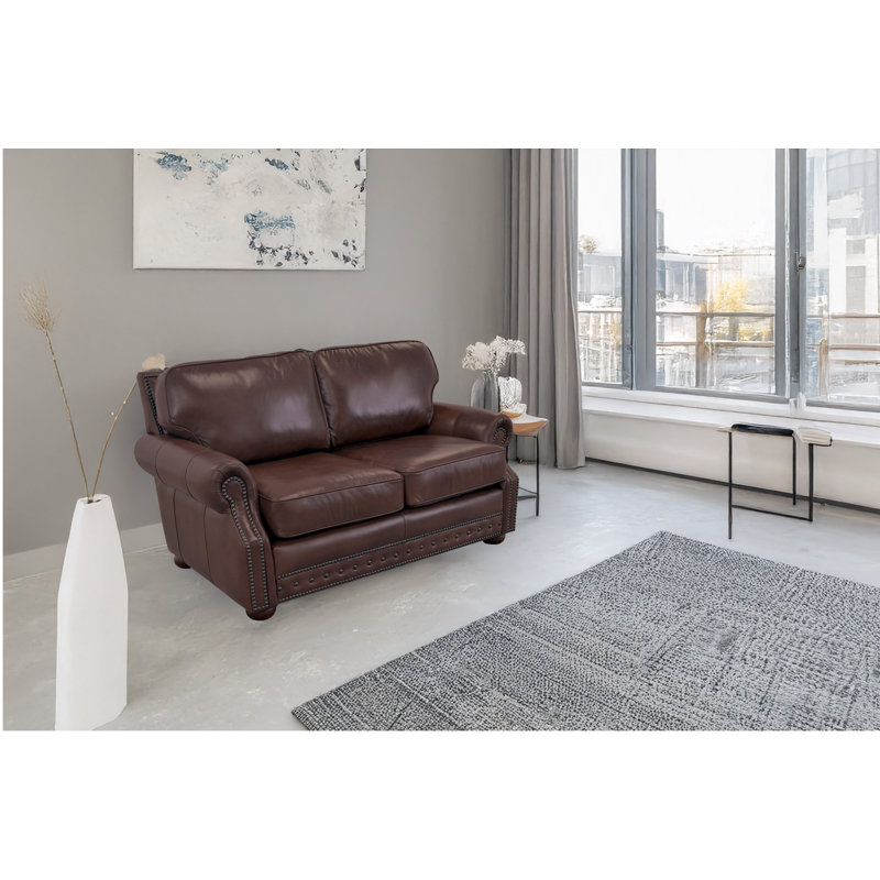 Causeuse à accoudoirs roulés en cuir véritable 74 po Speroni, Cuir véritable brun foncé Berkshire