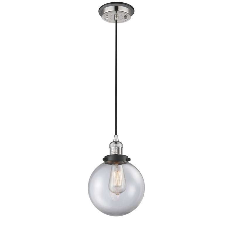 Luminaire sphère suspendu 1 lumières simple Starrett, Nickel poli et décorations noir mat, Transparent