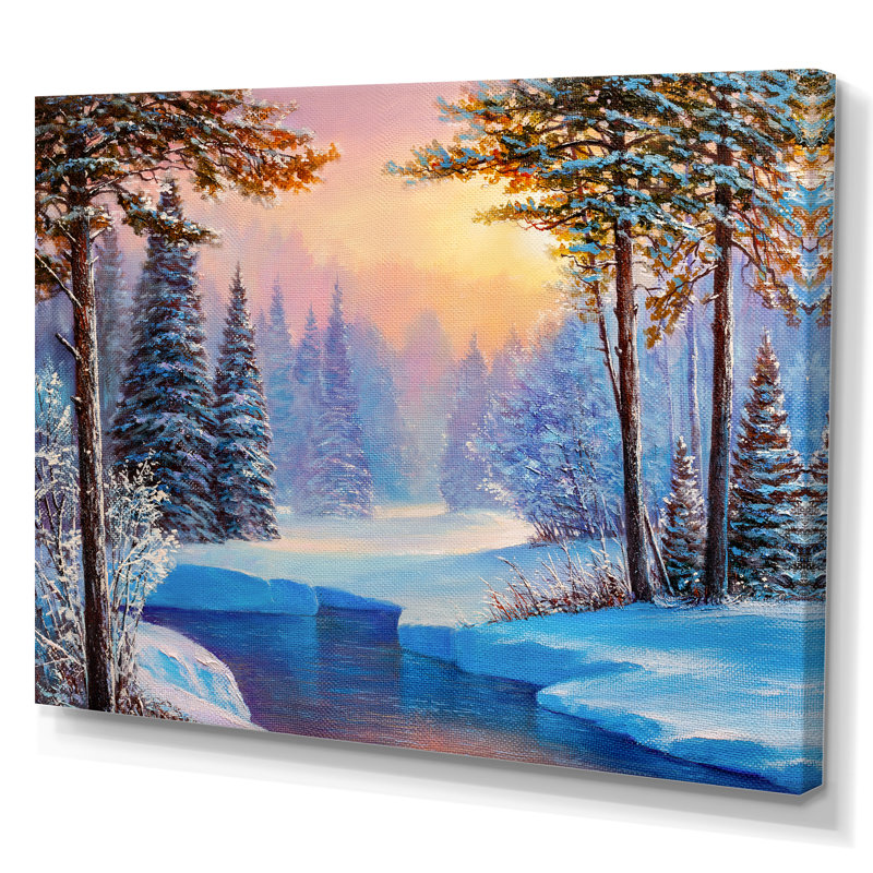 «Sunset On River Winter Landscape», reproduction sur toile flottante, H 8 po x l 12 po x P 1 po, Toile tendue