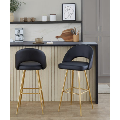 Tabouret de bar à hauteur fixe en métal doré et similicuir noir avec repose-pieds carré - ensemble de 2