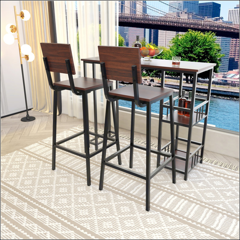 3 Piece Counter Height Bar Table Set with 2 Backrest Stools, Rectangular Pub Table with 2-Tier Storage Shelves, Industrial Wood Grain Design for Small Spaces