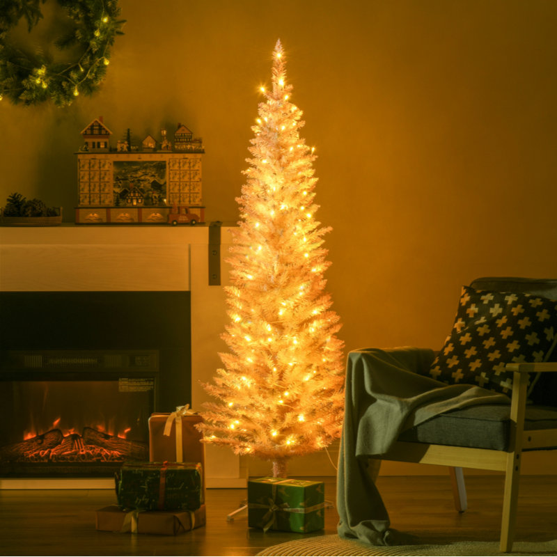 Sapin de Noël artificiel mince de 5 pi avec 110 lumières DEL blanc chaud et 294 pointes, pour décoration de Noël, rose
