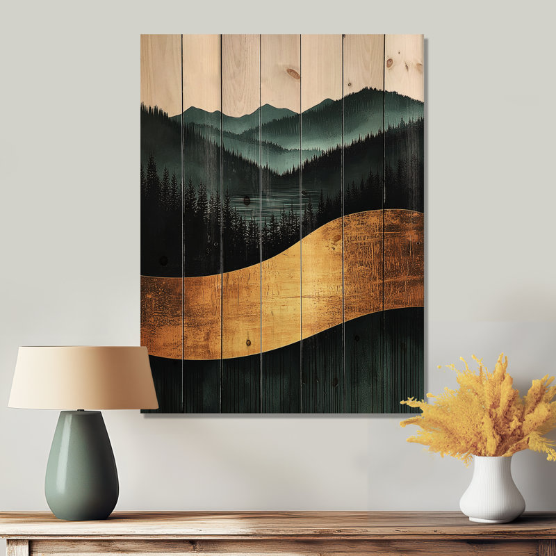 «Minimal Forest and Peaks Solitude Horizon I», impression de paysage abstrait sur bois de pin naturel, H 20 po x l 10 po 
