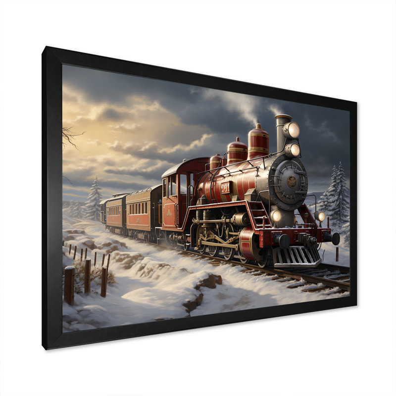 Train de Noël campagne d'hiver - train, art mural, H 12 po x l 20 po x P 1 po, Cadre flottant doré