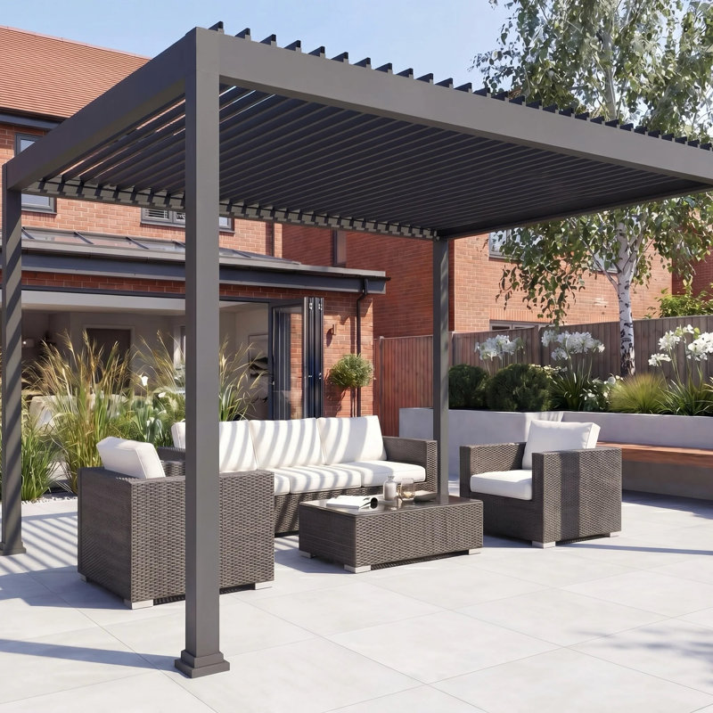 GRDN living 4m x 3m Aluminium Louvred Pergola with Adjustable Wide Blade Roof in Anthracite Grey, 4m x 3m