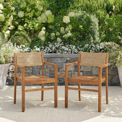 Modern Coastal Acacia Wood Outdoor Armless Dining Chairs with PE Wicker Backrest