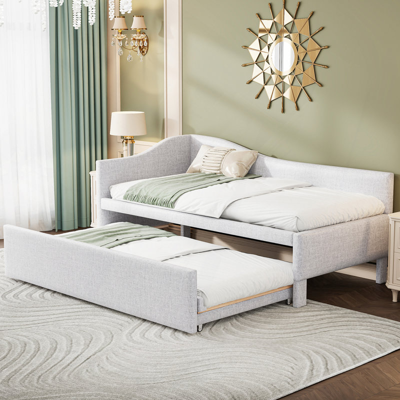Upholstered L-Shaped Upholstered Daybed With Pop Up Trundle, Beige