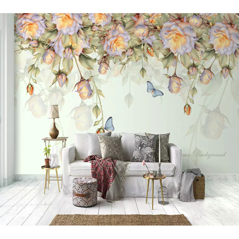 Papier peint amovible à motif floral orange et rose rétro, L 9 po x l 15 po