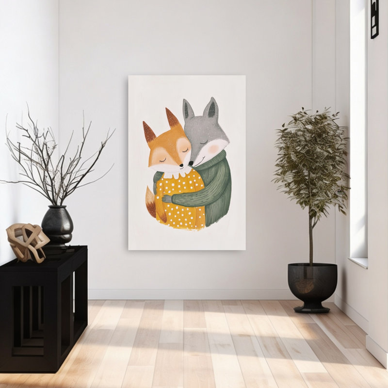 Woodland Friends Embrace Peaceful Contemporary Fox Wolf Forest Wall Art Print by Mathieu - Wrapped Canvas Print