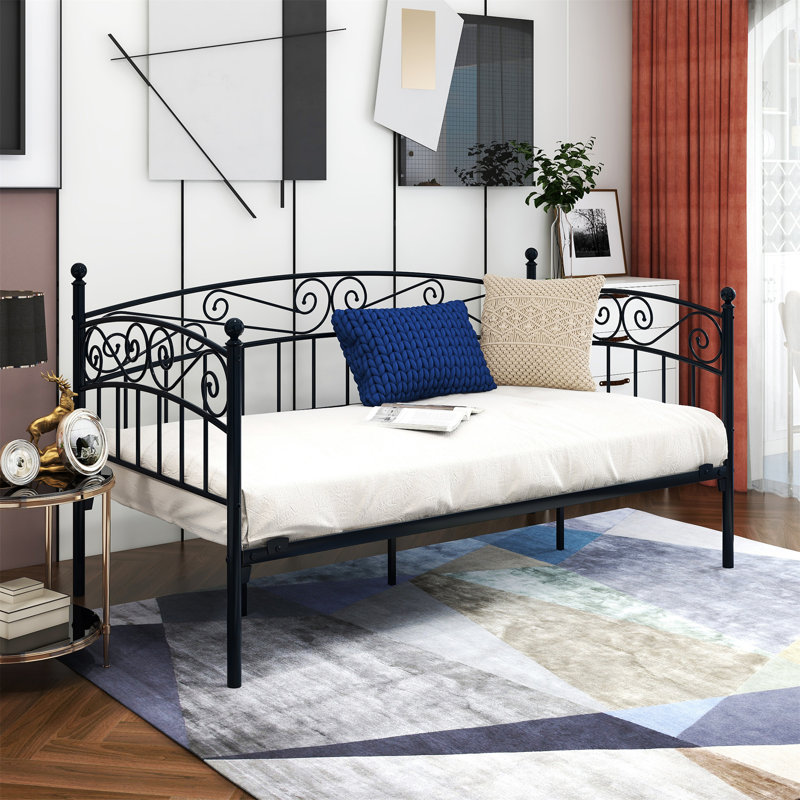 Metal Daybed Frame Multifunctional Mattress Foundation/Bed Sofa with Headboard, Black, Twin
