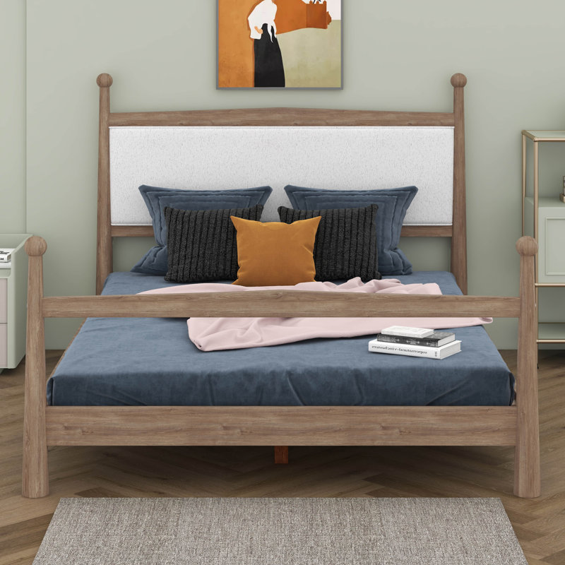 Platform Bed Frame, Solid Wood Bed Frame With Upholstered Headboard In Boucle And Slats Support, No Box Spring Needed, Queen