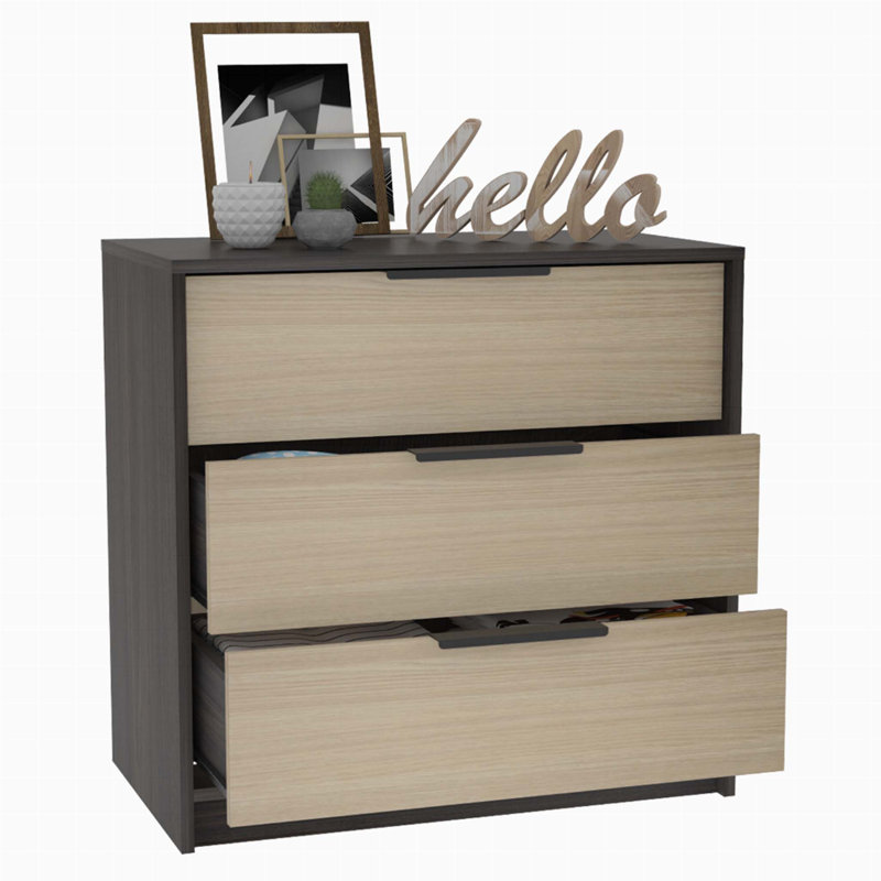 Kaia Three Drawer Compact Dresser, Bedroom Storage Option, Black/Light Oak