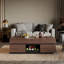 Table basse extensible rectangulaire avec compartiments de rangement, compartiments cachés et une tablette ouverte; Table basse de couleur noyer