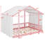Un lit plateforme avec une structure en forme de maison, un ciel de lit transparent et des lumières scintillantes crée un refuge douillet pour les enfants.-136777992-136778006